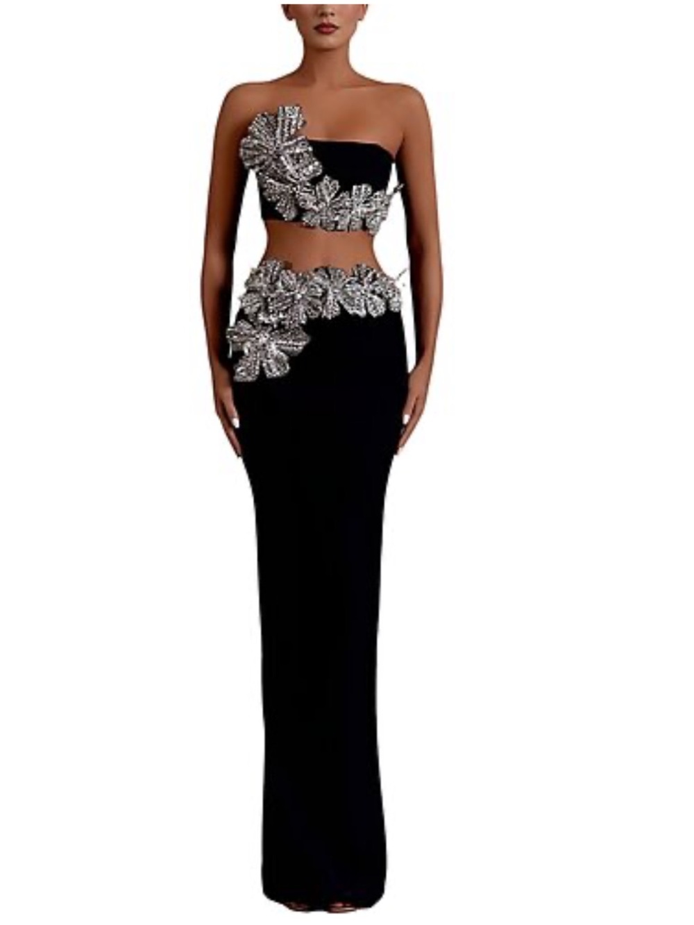 AMINA Black Strapless Two-Piece Evening Gown with Silver Embellishments